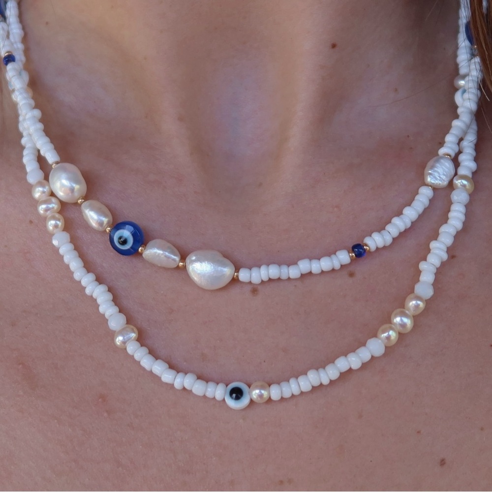 Evil Eye Freshwater Pearl Necklace & Anklet Bundle | Crystal | 3 Piece Set - Picture 3 of 7